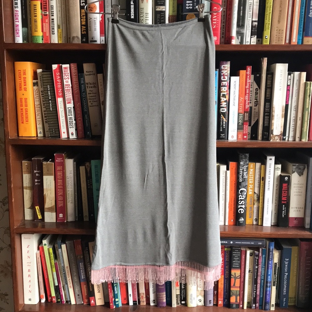Grey Midi Skirt w/ Pink Beaded Fringe